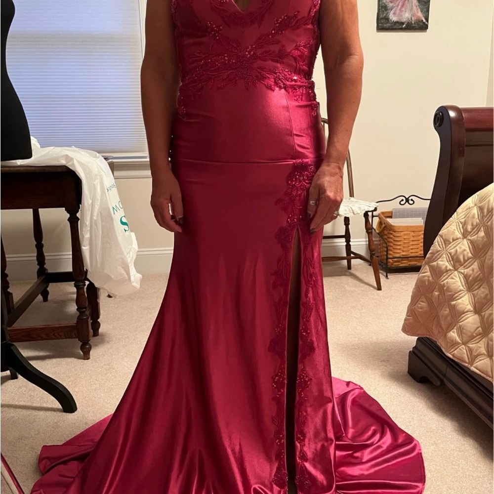 Faviana Burgundy Maxi Dress with Lace Details